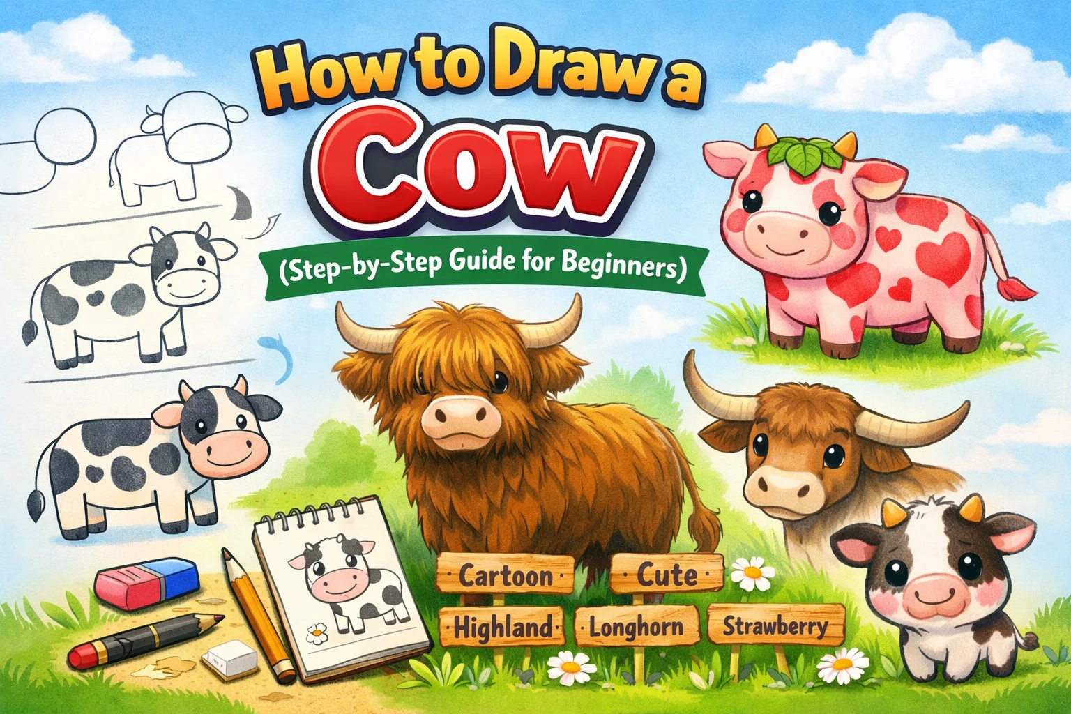 how to draw a cow